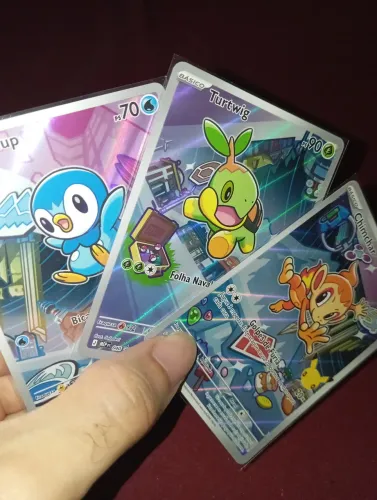 3 Cartas Pokemon Coleção ilustração parceiro inicial Piplup + Chimchar + Turtwig NM