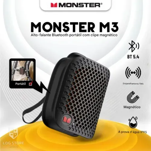 Caixa de Som Bluetooth Monster M3 Portátil com Clipe Magnético Bluetooth 5.4 IPX5