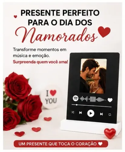 Porta Retrato Placa Spotify Personalizada com Foto | Presente Dia dos Namorados