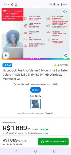 Notebook positivo vision C14 Lumina Bar Intel Celeron 4GB 128GB eMMC 14 HD Windows 11 