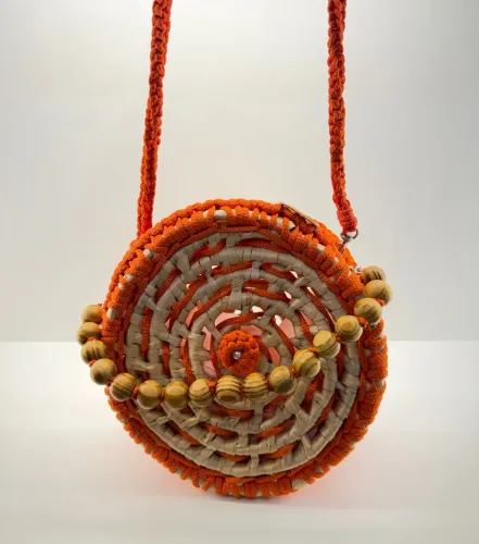 Bolsa Artesanal Crochê e Palha Redonda Laranja