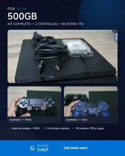 PS4 SLIM 500GB + CONTROLES + HD 1TB