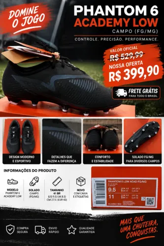 Chuteira Nike Phantom 6 Academy Low FG/MG Masculina 41 - Nova na Caixa