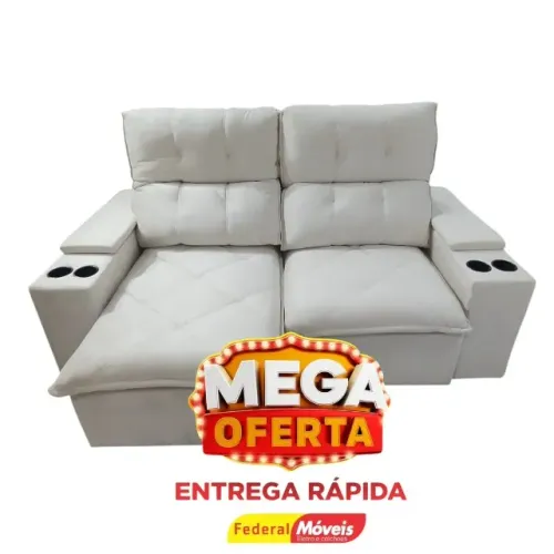Sofá 2,00m c/ Porta Copos nos Braços Veludo Off White CAMPEÃO EM VENDAS