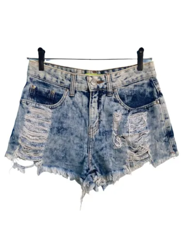 Shorts Jeans Feminino Destroyed Acid Wash Cintura Alta, Tamanho 38