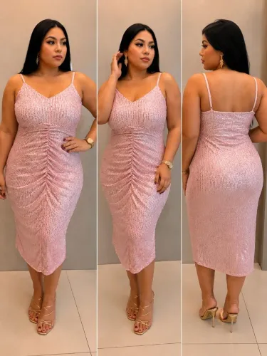 Vestido  em Paetês Rosê mediano 