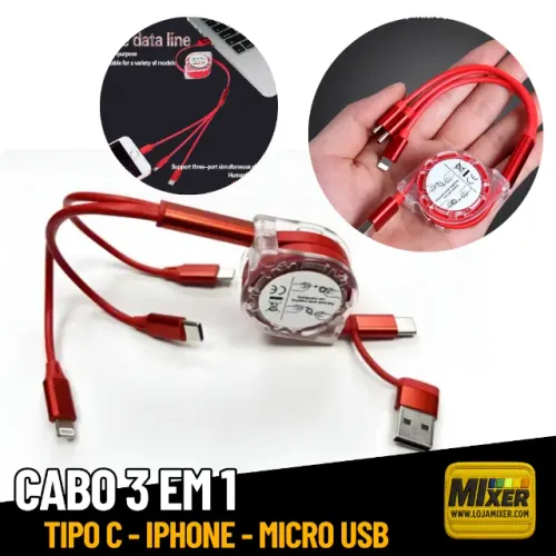Cabo Carregador USB Retrátil Ultra Rápido 3 em 1 _ EL141