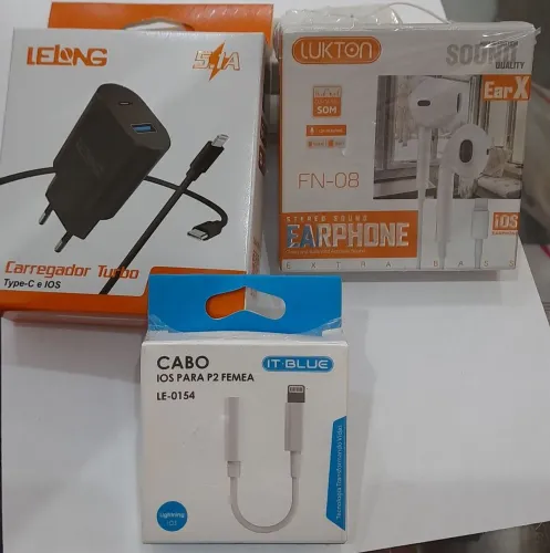 Kit Completo para Celular: Carregador Turbo + Cabo Lightning + Fone de Ouvido