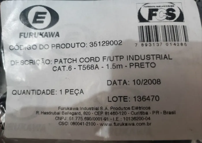 Cabo de Rede Patch Cord F/UTP Industrial Cat.6 - 1.5m - Preto - FURUKAWA
