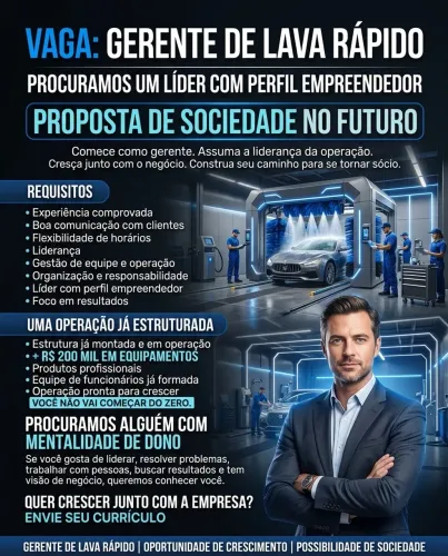 Vaga Emprego Gerente Lava Rápido