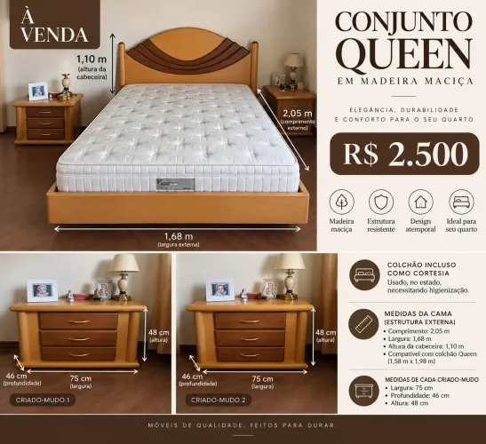 Conjunto Queen em madeira maciça