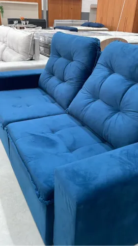Sofá Retrátil Veludo Azul PRONTA ENTREGA