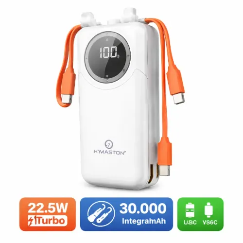 Power Bank H'Maston YD66 30000mAh 22.5W Turbo com Cabos Integrados Portátil pode retirar n