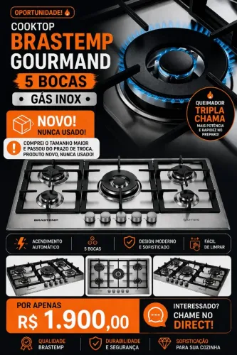 Vendo cooktop Brastemp 5 bocas NOVO, nunca usado!