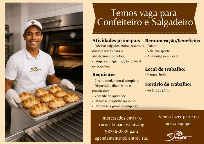 Vaga para Confeiteiro e Salgadeiro