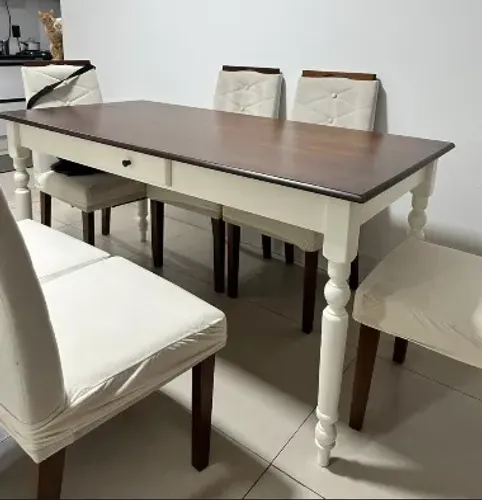 Mesa de Jantar 6 Lugares em Madeira Maciça (160x80 cm) - Estilo Clássico/Rústico