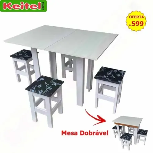 Mesa Dobrável Com 4 Banquetas Branca Com Tampo Bianco