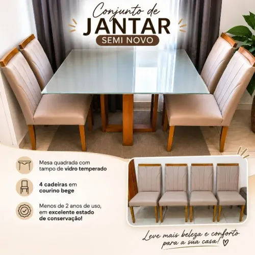 Mesa de Jantar 90x90cm com Tampo de Vidro + 4 Cadeiras em Courino