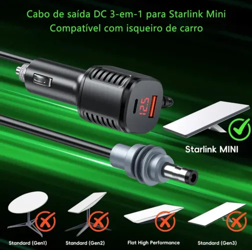 Cabo Carregador Veicular para Starlink Mini - 12V com Saída USB e USB-C