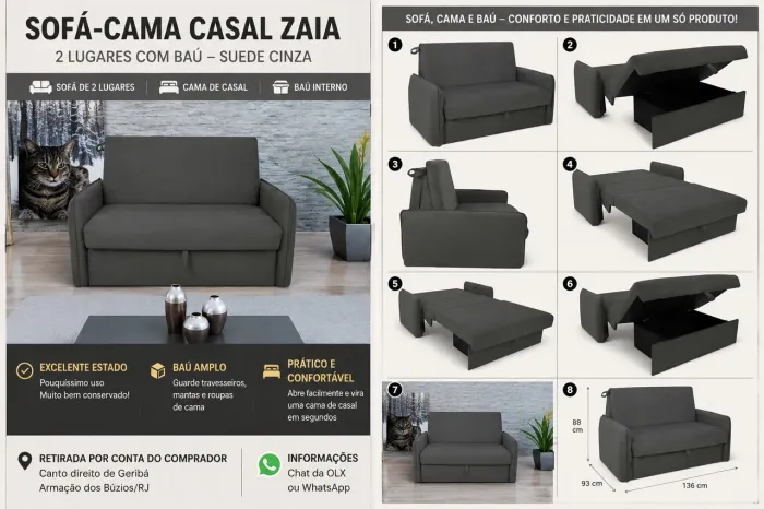 Sofá-Cama Casal 2 Lugares com Baú Zaia Suede Cinza - Excelente Estado