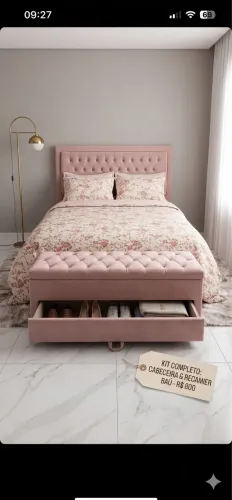 KIT QUARTO CASAL QUEEN: Cabeceira + Recamier Baú Sapateira Cama Queen Veludo Rosê