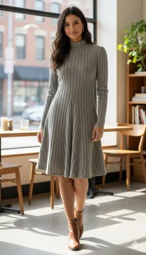 Vestido Evasê Manga Comprida Bege - Novo - Tamanho P/36 - Comprimento Joelho