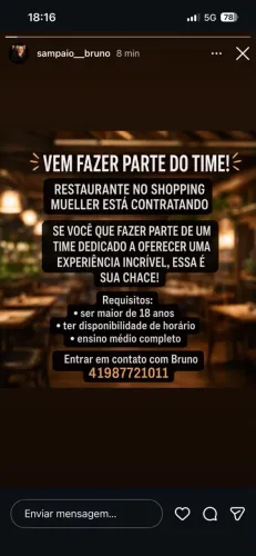 Restaurante no shopping Mueller esta contratando