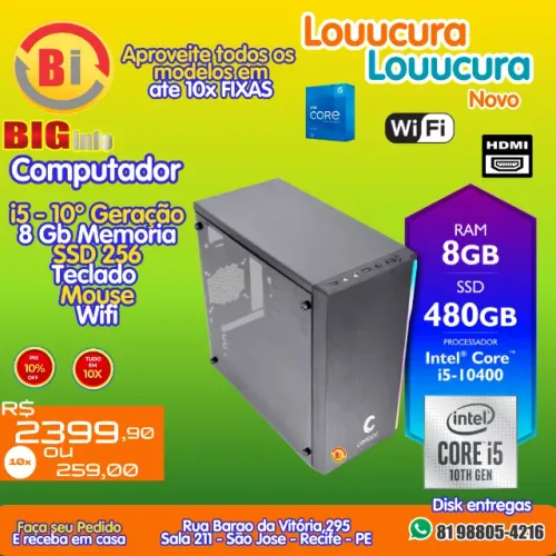 Computador CPU Intel Core i5 10ª Geração 8GB DDR4 SSD 480GB Windows 10 - Em ate 10x Fixas 