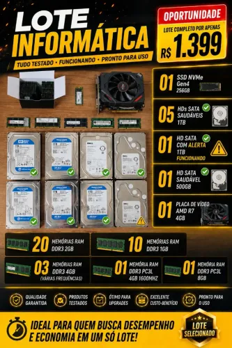 Lote Informática Memórias DDR3, HDs Sata, Placa Video e SSD NVMe
