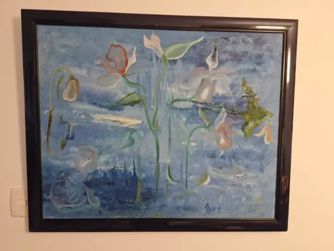 Quadro de autoria Flavio, ano de 1984, em tela , com moldura , motivo flores, dimensões 82