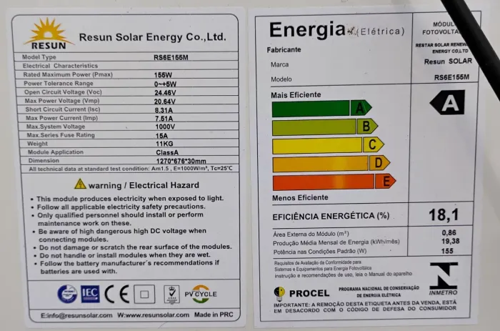 Painel Solar Resun 155w monocristalino - 01 unidade.