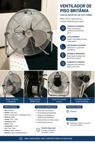 Ventilador de piso Britânia C50 Turbo Oscillation C50 com 3 pás prata estrutura prata, 43c