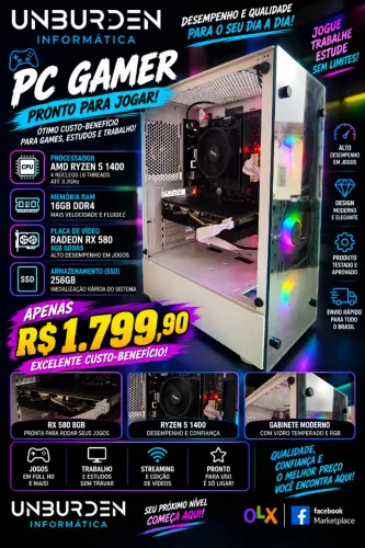 PC Gamer TOP Ryzen 5 16gb RX 580 8gb SSD 256gb