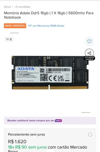 Memoria Notebook Ddr5 16gb 5600Mhz Nova Garantia Entregamos e instalamos no local
