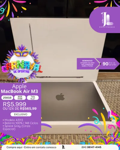 MACBOOK AIR M3, 256GB, 8GB RAM, TELA 15.3?, SPACE GRAY, SEMINOVO, EXCLUSIVO!