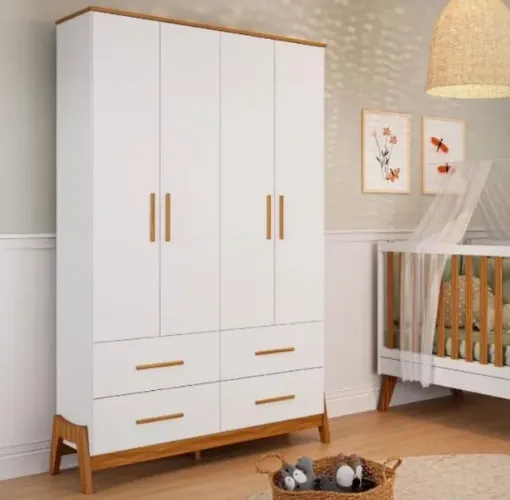 Guarda Roupa Retrô Essenza 4 Portas Branco com Amêndoa
