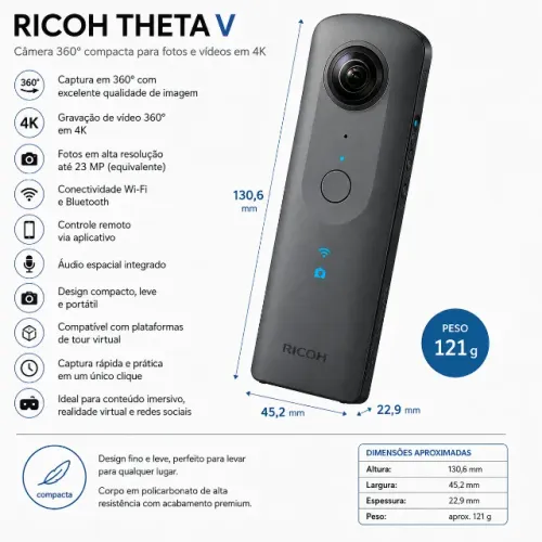 Câmera 360 Ricoh Theta V 4k Wifi Tour Virtual 