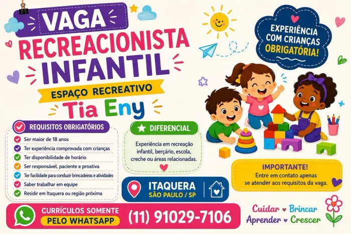 VAGA - RECREACIONISTA INFANTIL | ITAQUERA