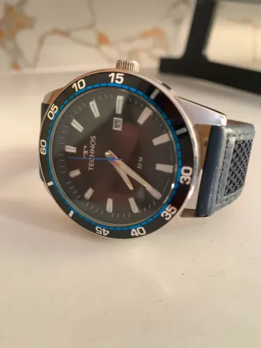 Relógio Technos Racer Crono - Aço e Couro Azul - Impecável"