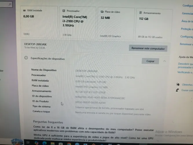 Computador completo i3 8gb RAM placa Intel graphics 32mb