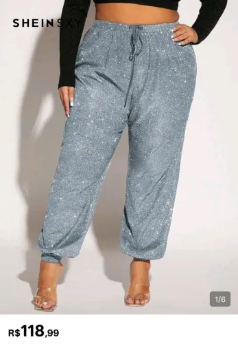 Calça Glitter Plus Size Shein Azul bebê e prata 50/52