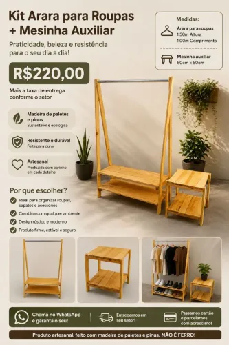 Arara de roupas + mesinha auxiliar em madeiras!