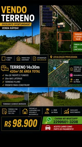 Vendo Terreno Cabo Frio (Guriri) 420 m² (escritura, RGI e ITBI)
