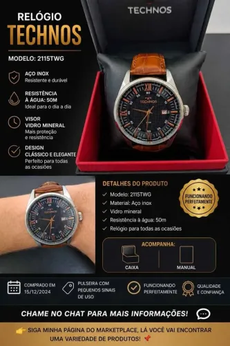 Relógio Technos 2115TWG - Produto Original! Pulseira Marron/Fundo Preto - Pouco uso 