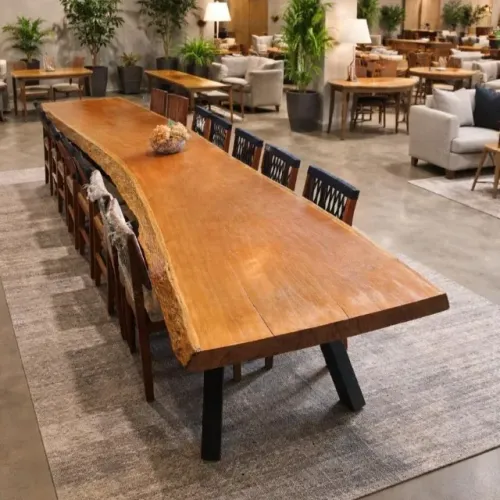 Mesa Grande de Prancha Única Tronco Orgânico Live Edge Pé Aço Borda Natural Pé de Aço