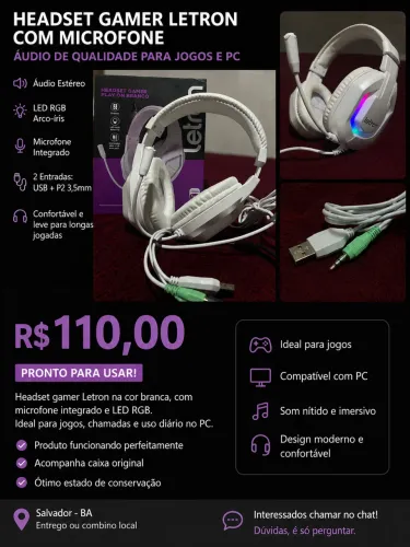 Headset Gamer Letron Branco com Microfone