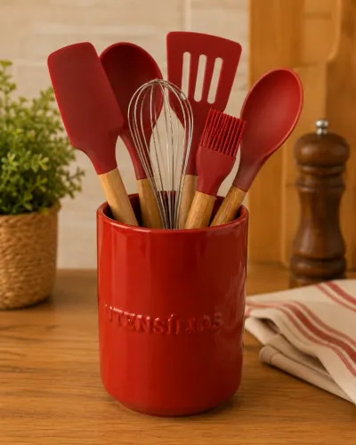 Porta Utensílios De Cerâmica Vermelho -Ceraflame Gourmet