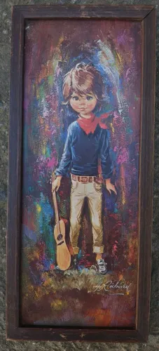 Quadro Antigo Estilo Big Eyes Menino Com Violão. A. Richard. - Artenatti 1990