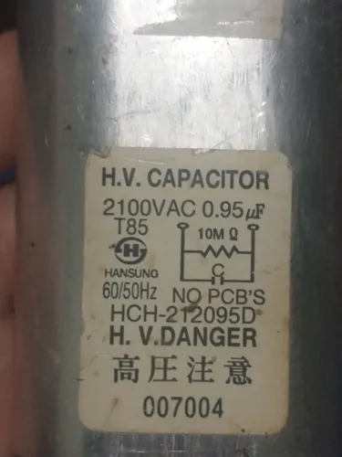 Capacitor Alta Tensão 0,95uF 2100V HANSUNG P/ Micro-ondas Brastemp 35BBHNA