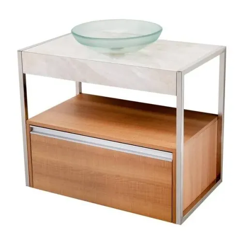 Kit Gabinete para Banheiro com Cuba e Espelho 68cm Amadeirado Fit Cris Metal